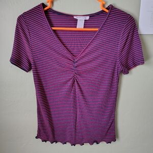 Caution To The Wind Women's Medium Red & Blue Striped Top Scalloped Edge Detail